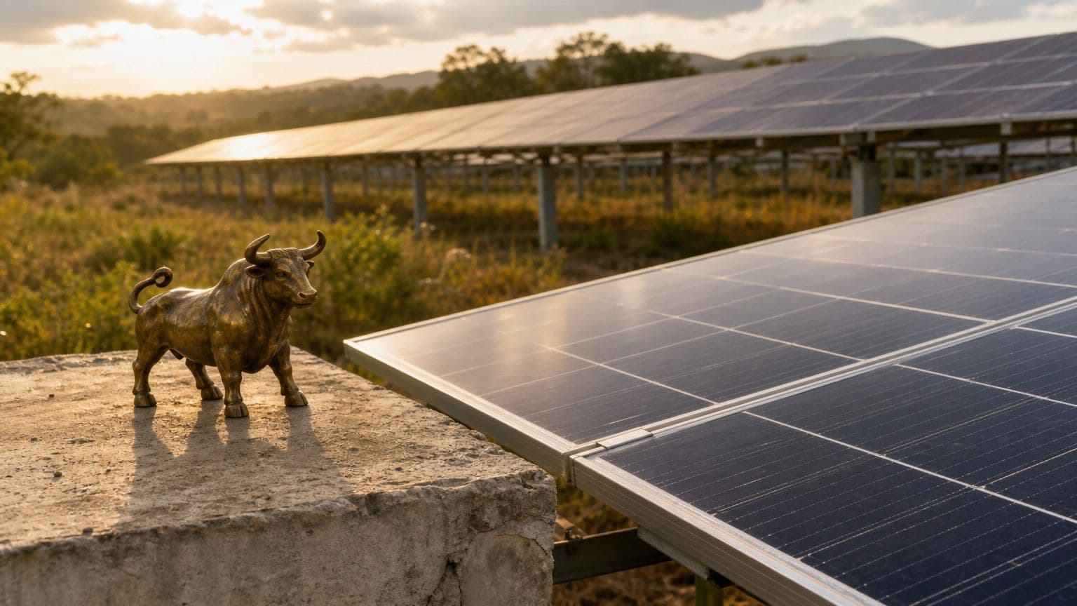 Messingfarbene Bullenfigur vor Solarmodulen in einem Solarpark bei warmem Abendlicht.