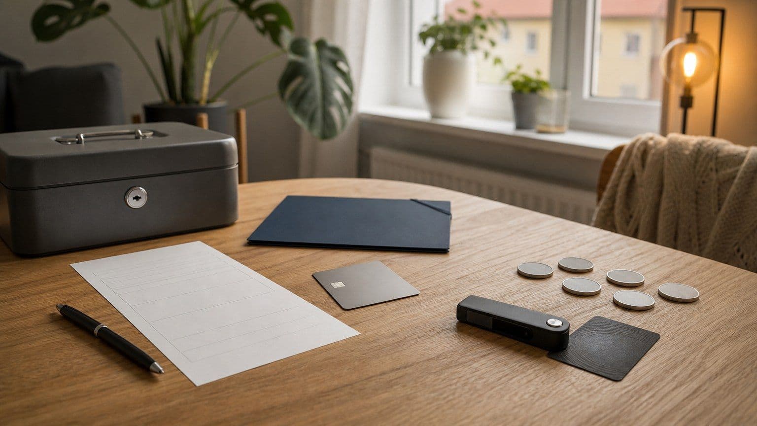 Ein Hardware-Wallet, eine Bankkarte und Unterlagen liegen neben einer kleinen Geldkassette als Symbol für den sicheren Kryptokauf.