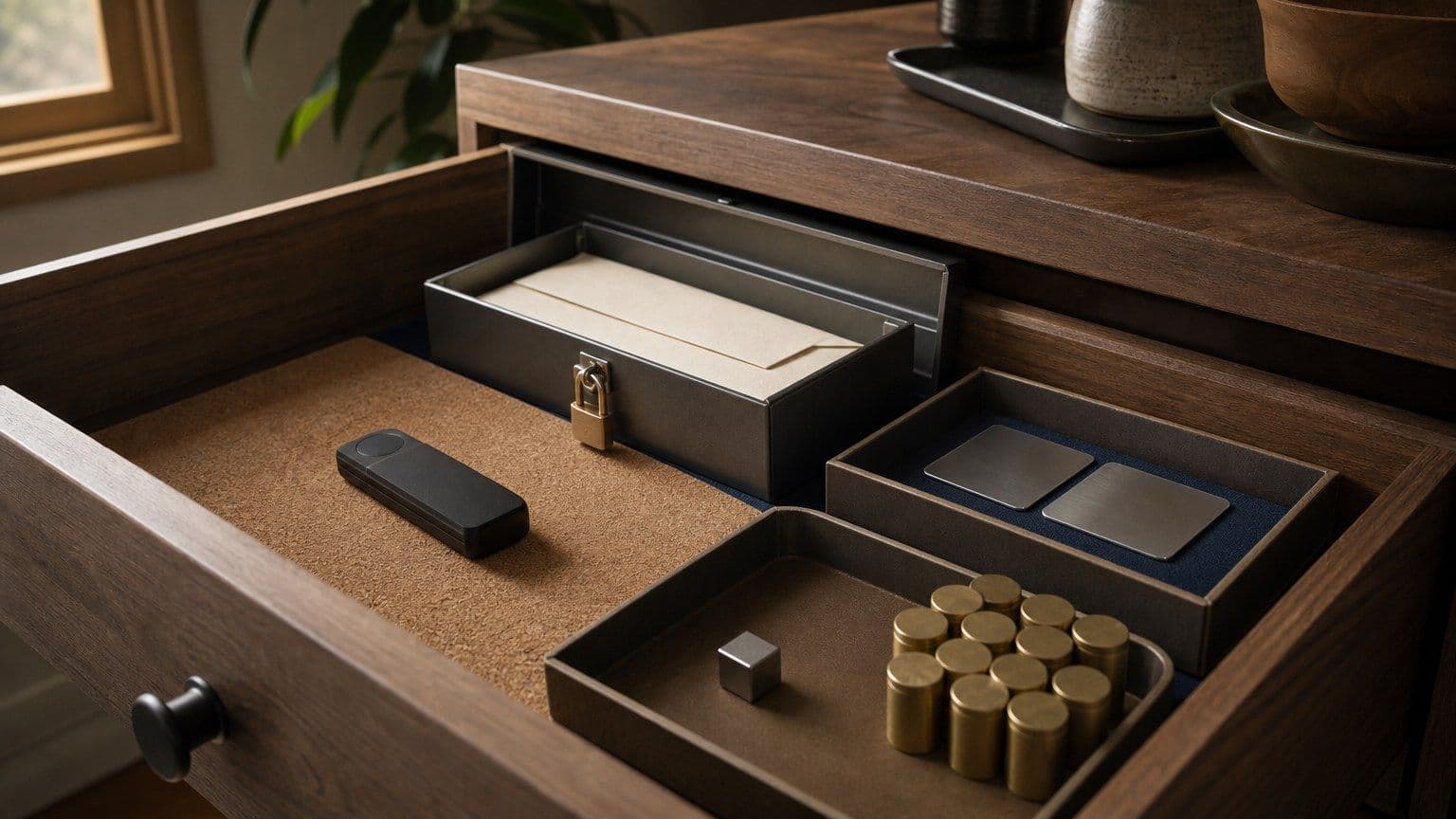 Eine bildschirmlose Hardware-Wallet liegt neben einem versiegelten Wiederherstellungsumschlag, Stahlplatten und einer feuerfesten Dokumentenbox.