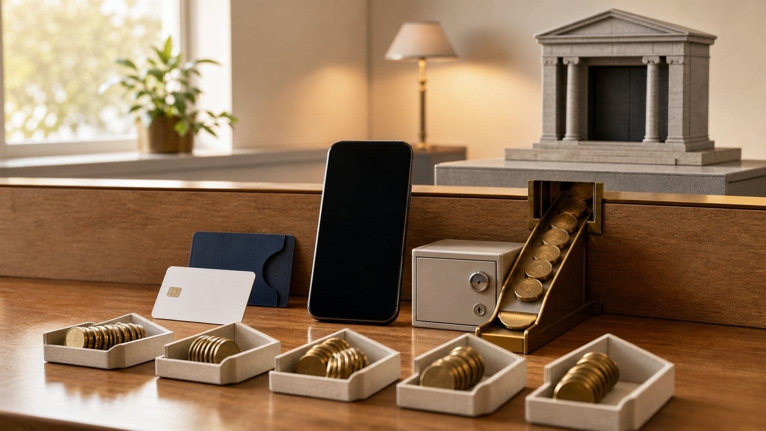 Ein ausgeschaltetes Smartphone, eine Zahlungskarte und direkte Transferwege stehen einer geschlossenen klassischen Bankfiliale gegenüber.