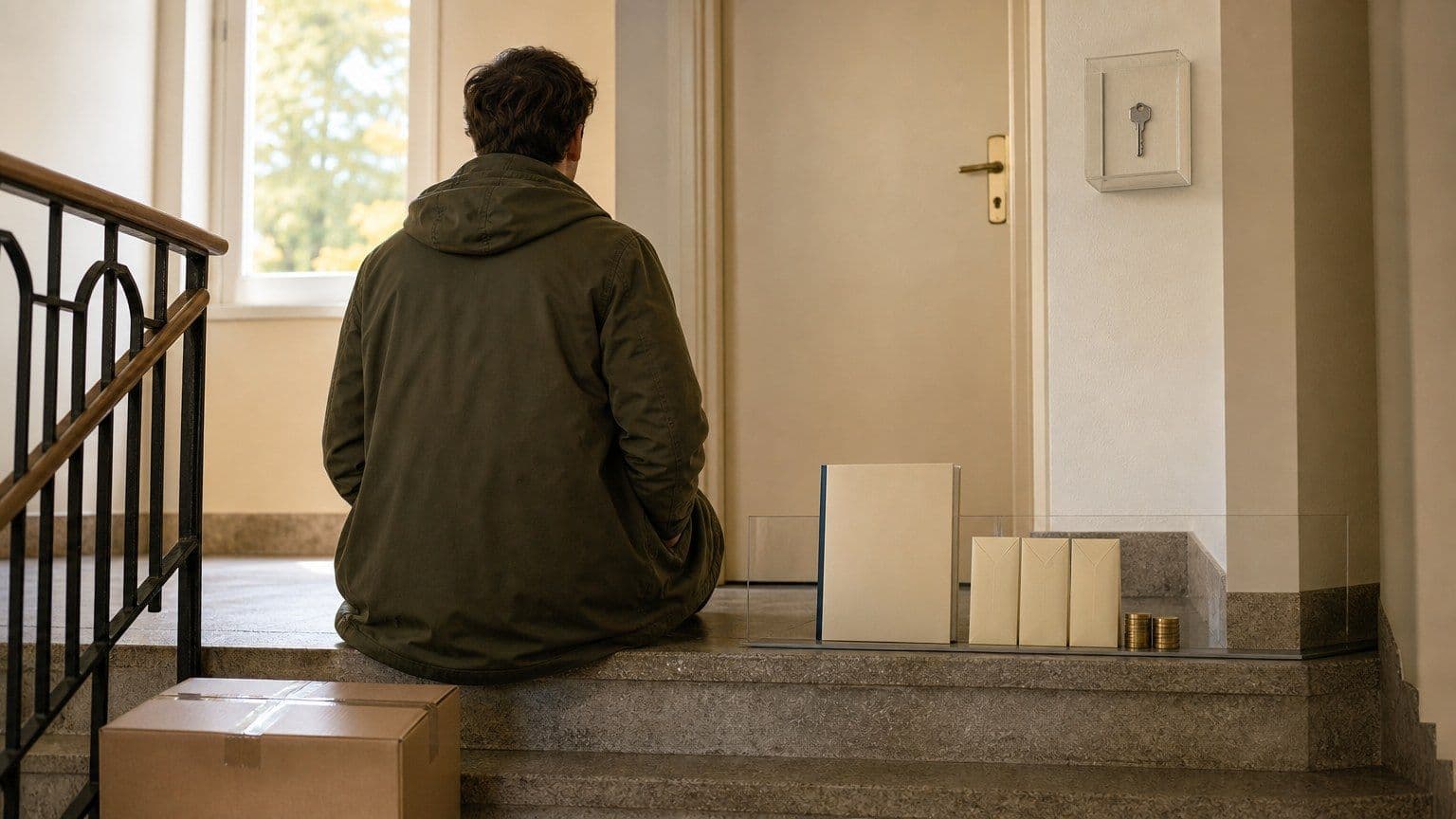 Eine wohnungssuchende Person sitzt mit Unterlagen und Mietumschlägen vor einer geschlossenen Wohnungstür.