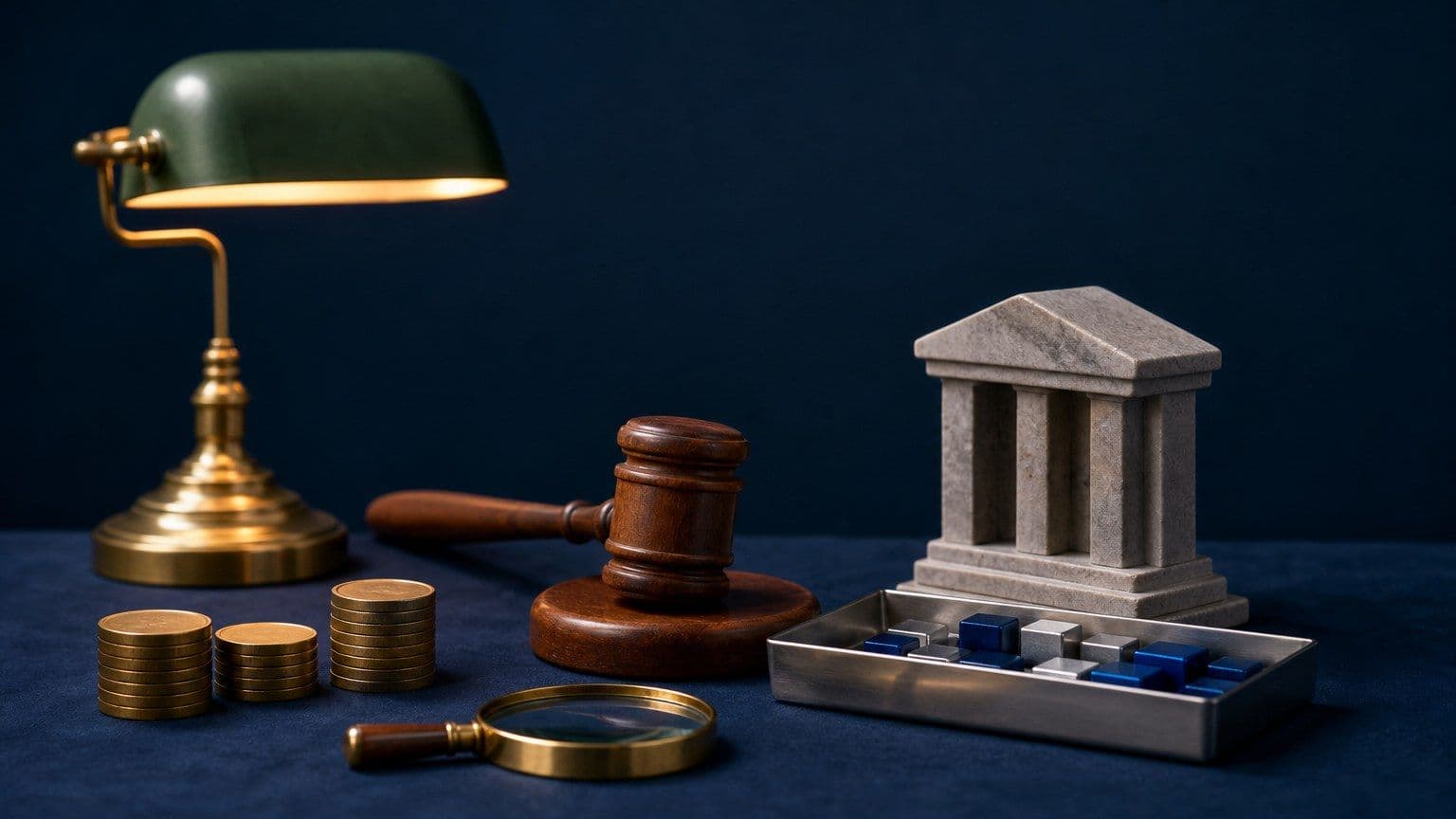 Ein regulatorisches Krypto-Stillleben mit Token, Holzhammer und Prüfleuchte als Symbol für legale Kryptowerte in Deutschland.