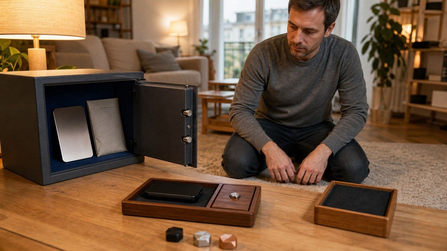 Eine Person richtet neben einem geöffneten Safe eine Hardware-Wallet und eine sichere Wiederherstellung ein.
