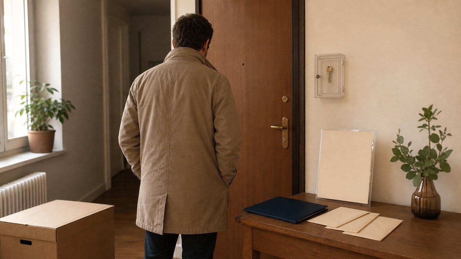 Eine Person steht vor einer geschlossenen Wohnungstür, während blanke Mietunterlagen und ein verschlossener Schlüssel eine schwierige Wohnungsbewerbung symbolisieren.