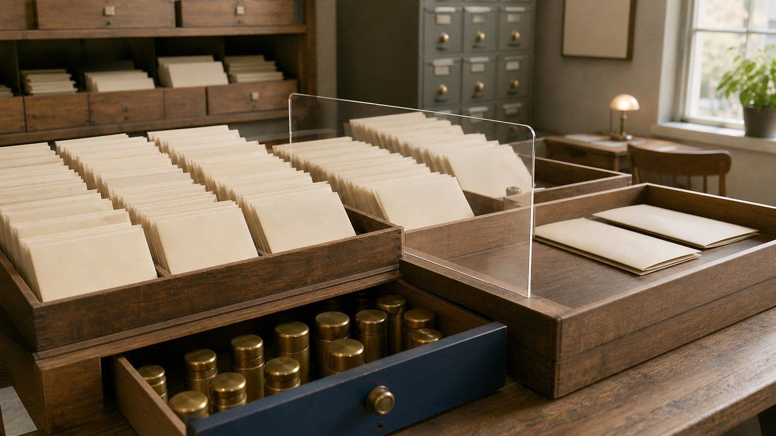Leere Kreditakten und Zahlungsscheiben sind in einem deutschen Verbraucherkreditarchiv sortiert.