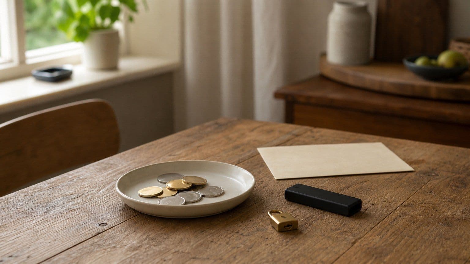 Stillleben eines sicheren Kryptowährungskaufs mit Hardware-Wallet, Schloss und geordneten Unterlagen auf einem Holztisch.