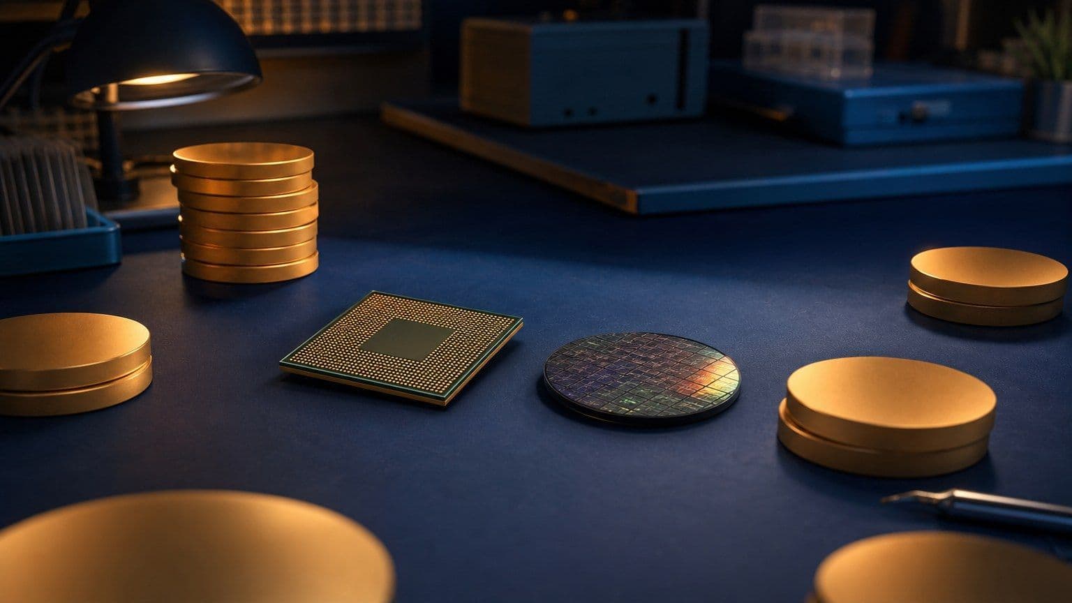 Ein unbeschrifteter KI-Prozessor und ein Silizium-Wafer liegen neben neutralen Anlagemünzen auf einer Werkbank.