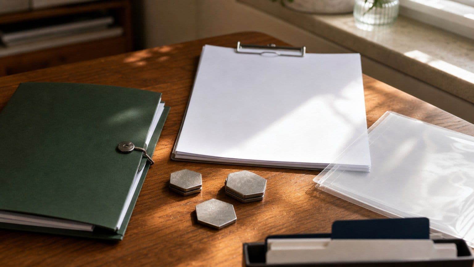 Blanke Steuerunterlagen und symbolfreie Krypto-Objekte auf einem Schreibtisch zur Dokumentation von Krypto-Steuern.
