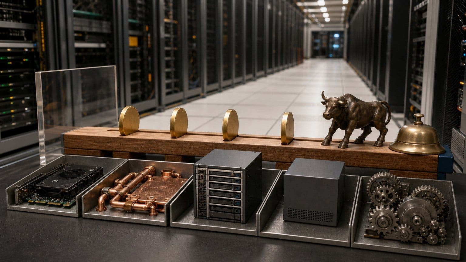 Fünf unbeschriftete KI-Technologiemodule sind in einem Rechenzentrum als Anlagekette angeordnet.